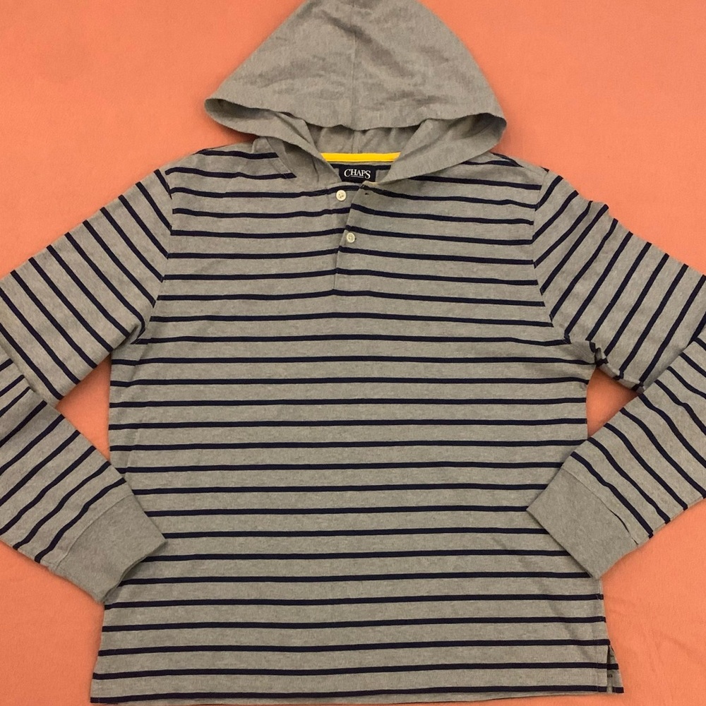 CHAPS Striped Hoodie - All Cotton 2 Button - Picture 2 of 5